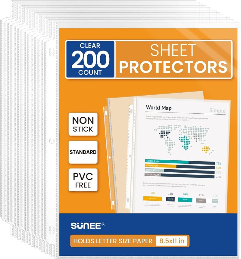 SUNEE Sheet Protectors 200 Packs for 3 Ring Binder, PVC-Free Clear Page Protectors 8.5x11 Inches Plastic Cover for Paper, Documents, Photos, Top Loading Binder Sleeves Letter Size - Image 1